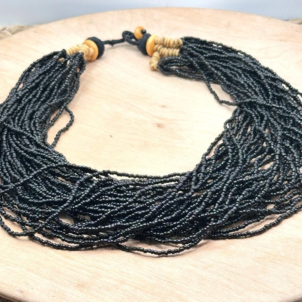 Vintage 70s Black Seed Bead Waterfall Necklace Multi Strand Boho Layered Collar - Picture 4 of 5